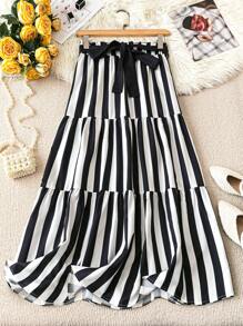 Chiquease 女式休闲纯色条纹松紧腰带黑色腰带 A 字裙，春夏