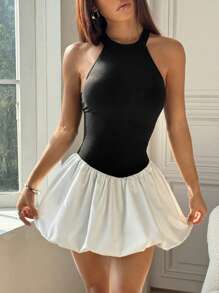 Lunelith SHEIN Lunessa Abito mini a portafoglio con colletto alto e orlo a balze, casual e adatto per vacanze, in bianco e nero, per primavera/estate