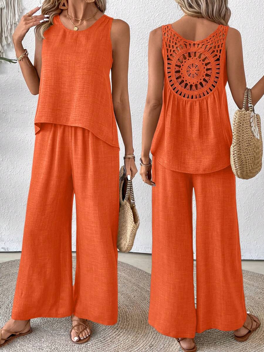 Breezaya Women Solid Color Backless Sleeveless Top And Pants Two Pieces Set - Orange - View 1