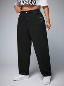 SHEIN EZwear Plus Size Women's Non-Stretch Fashionable Distressed Skinny Jeans