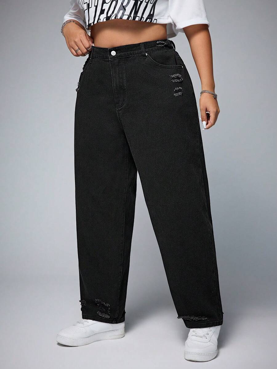 SHEIN EZwear Plus Size Women's Non-Stretch Fashionable Distressed Skinny Jeans