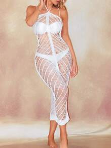 Allurite New Spring Break White Crochet Hollow Design Halter Women's Cover Up Dress For Beach, Summer Vacation & Festival, Bohemian Style