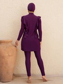 Swim Mulvari Women 3Pcs Modest Swimsuit Set: High Neck Long Sleeve Ruffled Hem Long Pants With Swimcap, Purple Clothes Burkinis Set - Purple - View 2