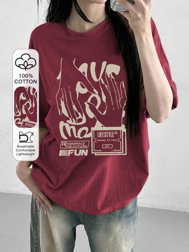 Women Loose Street Style T-Shirt With Bold Graphic Design LIFESTYLE Embrace The Future EMBRACE THE FUTURE FUN Yes Summer Oversized T-Shirt Streetwear