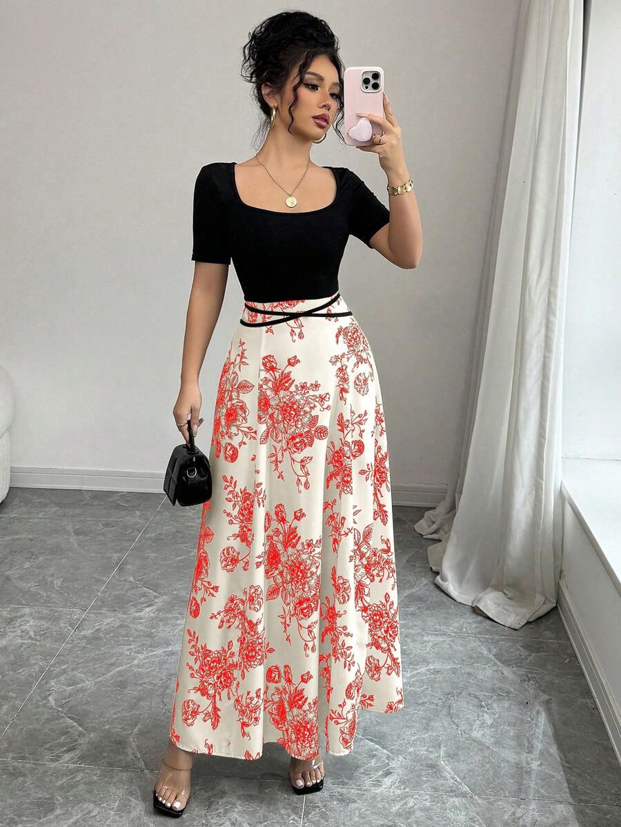 Rafferiza Vestido mini elegante y entallado con estilo qipao para mujeres, cuello cuadrado, manga corta, lazo en la cintura, estampado chino - Albaricoque - Ver 1