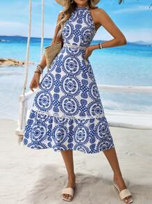 Breezaya Women's Vacation Plant Print Casual Halter Midi Dress