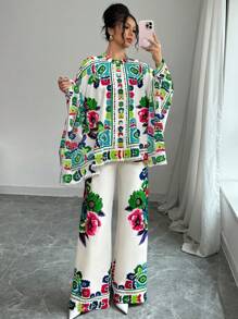 Elenzga 2 件女式花卉印花蝙蝠袖衬衫和裤子套装
