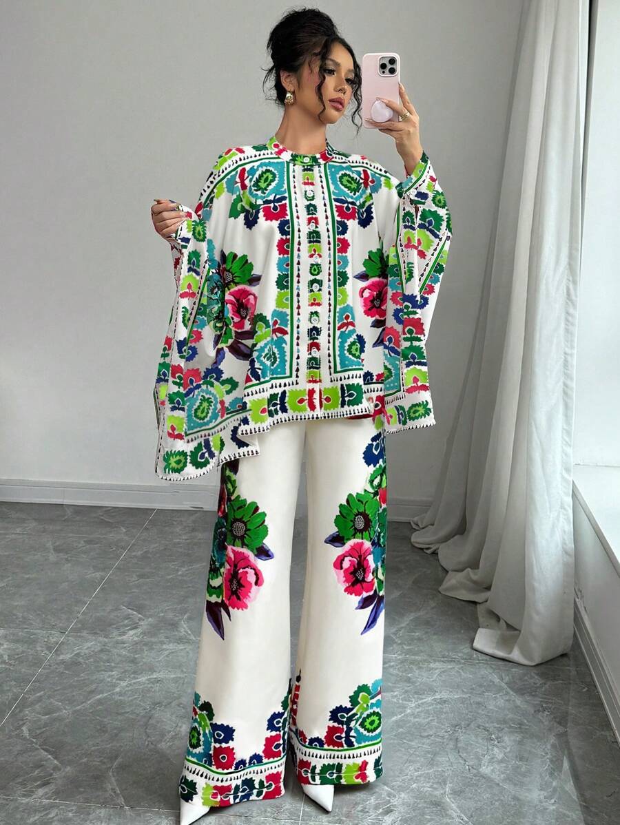 Elenzga 2 件女式花卉印花蝙蝠袖衬衫和裤子套装