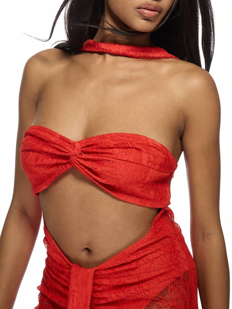 MISSGUIDED Sheer Lace Neck Band Twisted Knot Bust Cut Out Bandeau Mini Dress Christmas