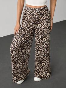 SHEIN Tall Fashionable Loose Leopard Print Wide Leg Pants - Brown - View 3