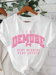 INAWLY Plus Size Women's Casual Round Neck Short Sleeve T-Shirt With Bowknot Pattern, Fashion Tops For Spring & Summer - White - View 1