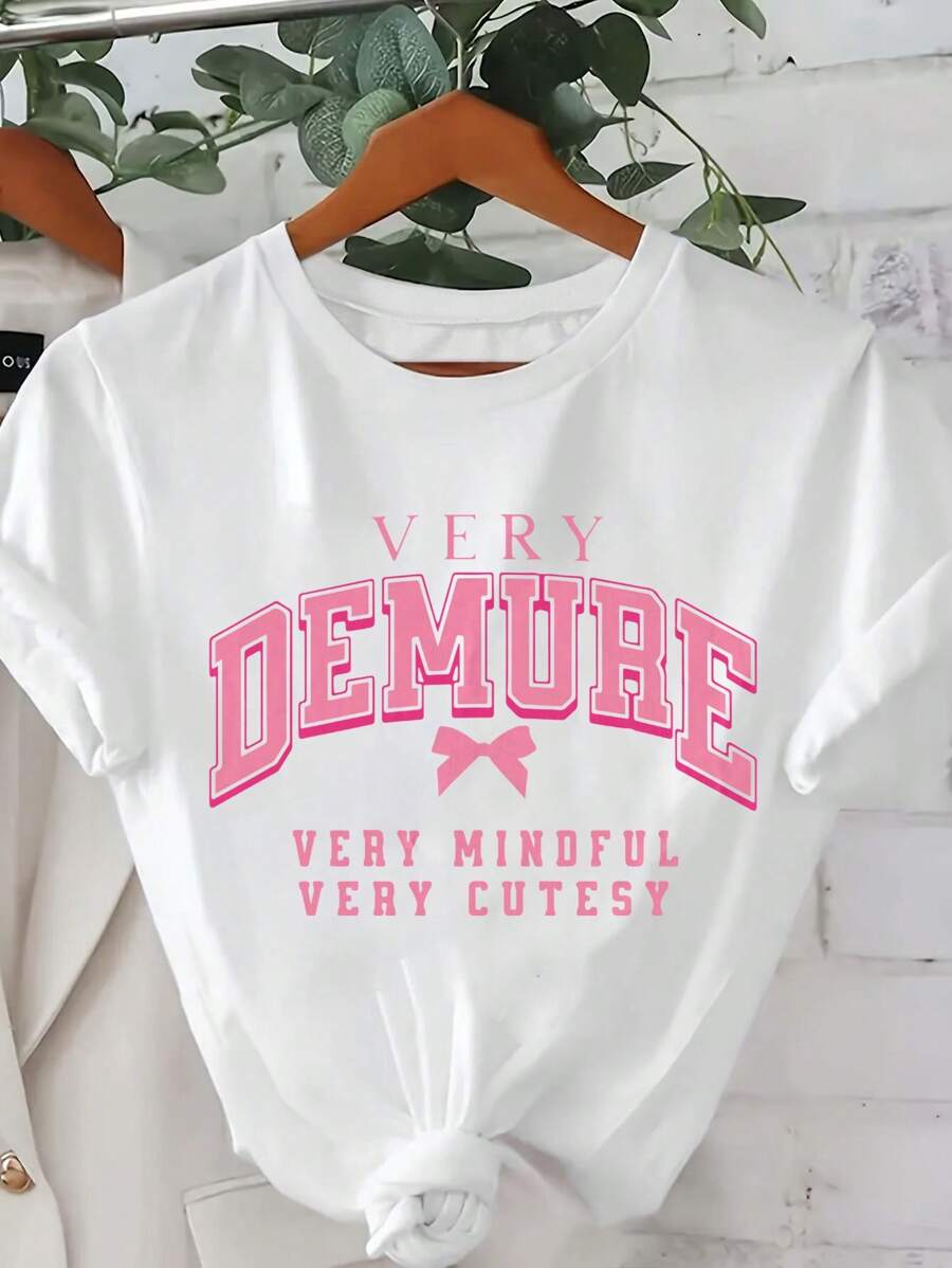 INAWLY Plus Size Women's Casual Round Neck Short Sleeve T-Shirt With Bowknot Pattern, Fashion Tops For Spring & Summer - White - View 1