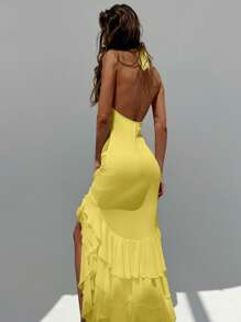 Aloruh Halter Neck Backless Yellow Sleeveless Dress With Ruffles, Elegant Romantic Floral Decor Design For Ball, Concert, Spring/Summer - Yellow - View 3