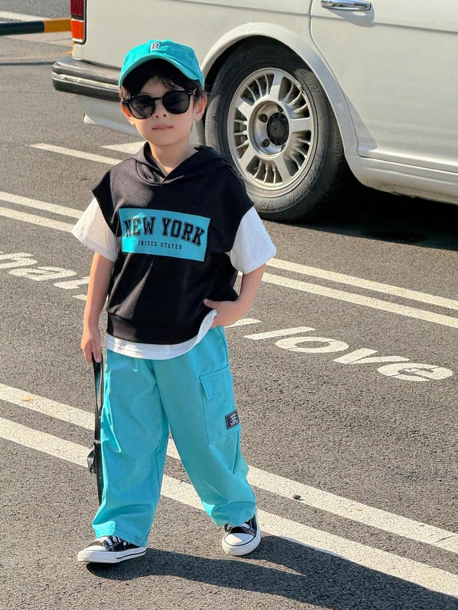 SHEIN 2pcs/Set Young Boy Casual Korean Style Letter Print Raglan Hoodie And Wide Leg Sweatpants Set, Suitable For School, Garden, Beach, Birthday, Spring/Summer/Autumn/Winter - Blue - View 1