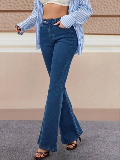 EURMUSE Pantalón vaquero de tiro alto con detalles de botones, elegante y con vuelo, 98% algodón