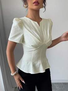 Elenzga 新品女式时尚 V 领褶皱胸口设计腰部收紧下摆褶皱短袖优雅衬衫 - 杏色 - 查看 7