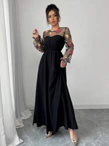 Rafferiza Đầm dài tay thêu lưới chắp vá cạp chun dáng chữ A, đầm dài màu đen - màu đen - Xem 3