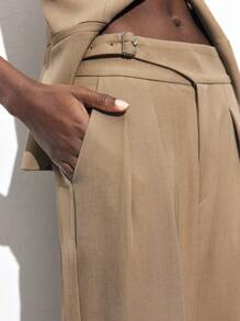 Maija 2025 Summer New Arrival Women's Casual Lightweight Khaki Color Pants, Fashion Adjustable Metal Buckle Waist Pleated Design Straight Leg, Suitable For Music Festival, Beach Vacation, Daily Casual, Romantic Urban Retreat, Wedding Guest, Graduation Romantic, Fashion, Versatile; Suitable For Summer Vacation In Fall/Winter - Coffee Brown - View 8