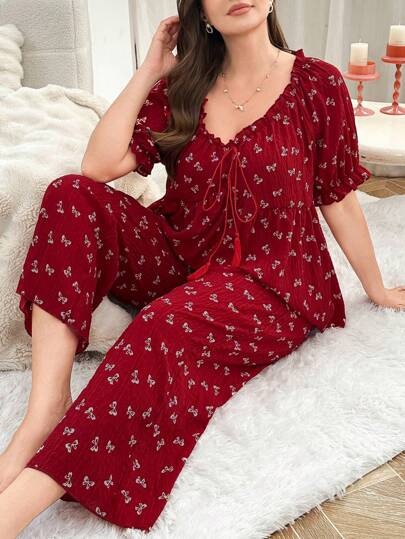 CottageSlumber Bow Print Ruffle Collar Tasseled Tie Decor Bubble Sleeve Top & Pants Plus Size Pajama Set