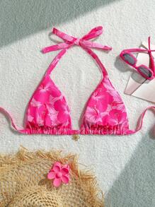 Swim Mod 大码女式夏季热带花卉装饰时尚吊带三角粉色比基尼上衣泳装 - 彩色 - 查看 2