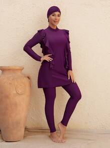 Swim Mulvari Women 3Pcs Modest Swimsuit Set: High Neck Long Sleeve Ruffled Hem Long Pants With Swimcap, Purple Clothes Burkinis Set - Purple - View 3