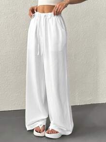 SHEIN EZwear White Linen Loose Wide Leg Pants, Summer