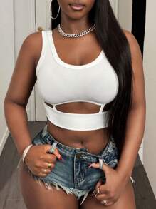 BamGleam Fashionable Sexy Solid Color Hollow Out Cropped Tank Top - White - View 4