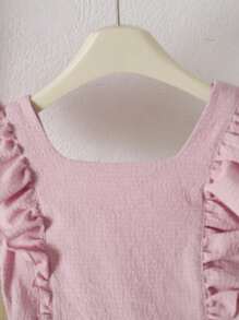 Young Girl Bowknot Design Ruffle Trim Jumpsuit With Small Flutter Sleeves - Pink - View 4