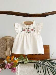 Vintaside Kids Baby Girls Countryside Style Embroidered Floral Print Princess A-Line Blouse, Summer