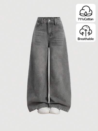 SHEIN Y2k Vintage Baggy Jeans Wide Leg Denim Pants Harajuku Kpop Streetwear Trousers Grey Retro 2000s Style For Tween Girls, Girls Winter Clothes Back To School Outfits