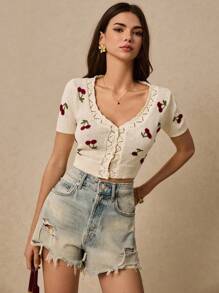 Poéselle Áo cardigan ngắn nữ dệt kim họa tiết anh đào, cổ chữ V rỗng, tay ngắn, phong cách dễ thương, năng động, trẻ trung cho mùa xuân, áo dệt kim họa tiết anh đào - trắng - Xem 4