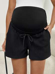 SHEIN Pregnant Women Casual Versatile Simple Solid Color High Waist Shorts - Black - View 4