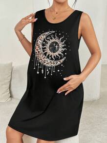 SHEIN Maternity Leopard Moon Print Casual Round Neck Sleeveless Dress - Black - View 6