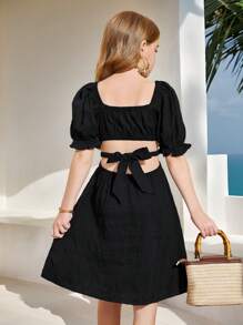 SHEIN Tween Girls' Woven Textured Black Square Neck Puff Sleeve Cutout Back Bow Decor Casual Vacation Dress, Suitable For Spring Outing, Countryside, Garden Afternoon Tea, Casual Outings, Back To School, Mommy And Me Matching Outfits - Black - View 5