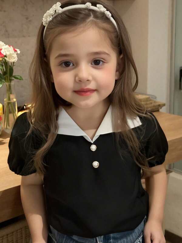 Patchwork Colorblock Button Front Short Sleeve Casual Blouse For Young Girls