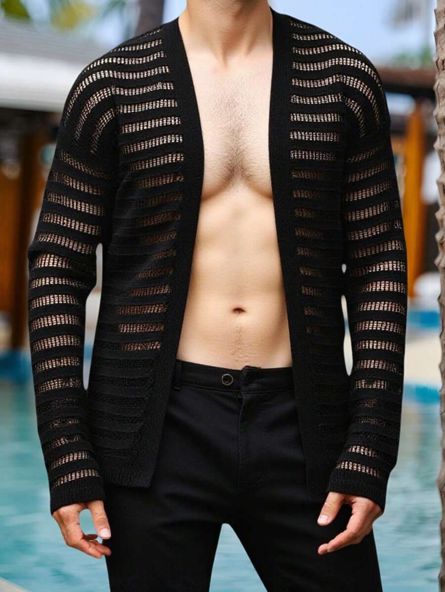 Genlund Cárdigan para hombre de talla grande, de estilo simple, casual y diario - Negro - Ver 1