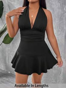 SHEIN PETITE CURVE Solid Color Halter Neck Backless Romper - Black - View 1