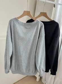 SHEIN LUNE 2 pièces/set Sweat-shirt décontracté minimaliste taille grande, col V ample. Convient pour le printemps et l'automne