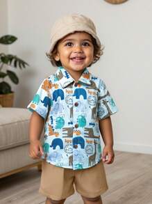 Cozy Pixies Bộ 2 áo sơ mi tay ngắn cổ in họa tiết cây và hoa cho bé trai và quần short cạp chun - Màu xanh lam - Xem 1