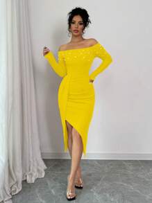 Elenzga Women's Open Shoulder Long Sleeve Ruched High Slit Pearl Design Bodycon Dress For New Year Clothes - Yellow - View 3