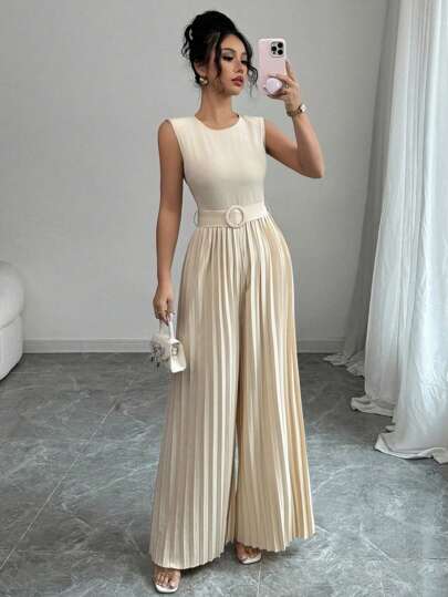 Selianne Mono de pierna ancha con cinturón de cintura sólido y elástico, hombros acolchados, elegante y casual para uso diario y vacaciones, sin mangas