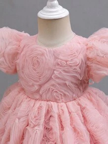 SHEIN Glamorique Kids 花童礼服适合生日派对、婚礼、节庆、女婴粉色 3D 花卉网眼芭蕾舞裙，配蝴蝶结领结，适合正式场合、舞台、钢琴表演、派对、拍照、日常穿着 - 粉色 - 查看 7