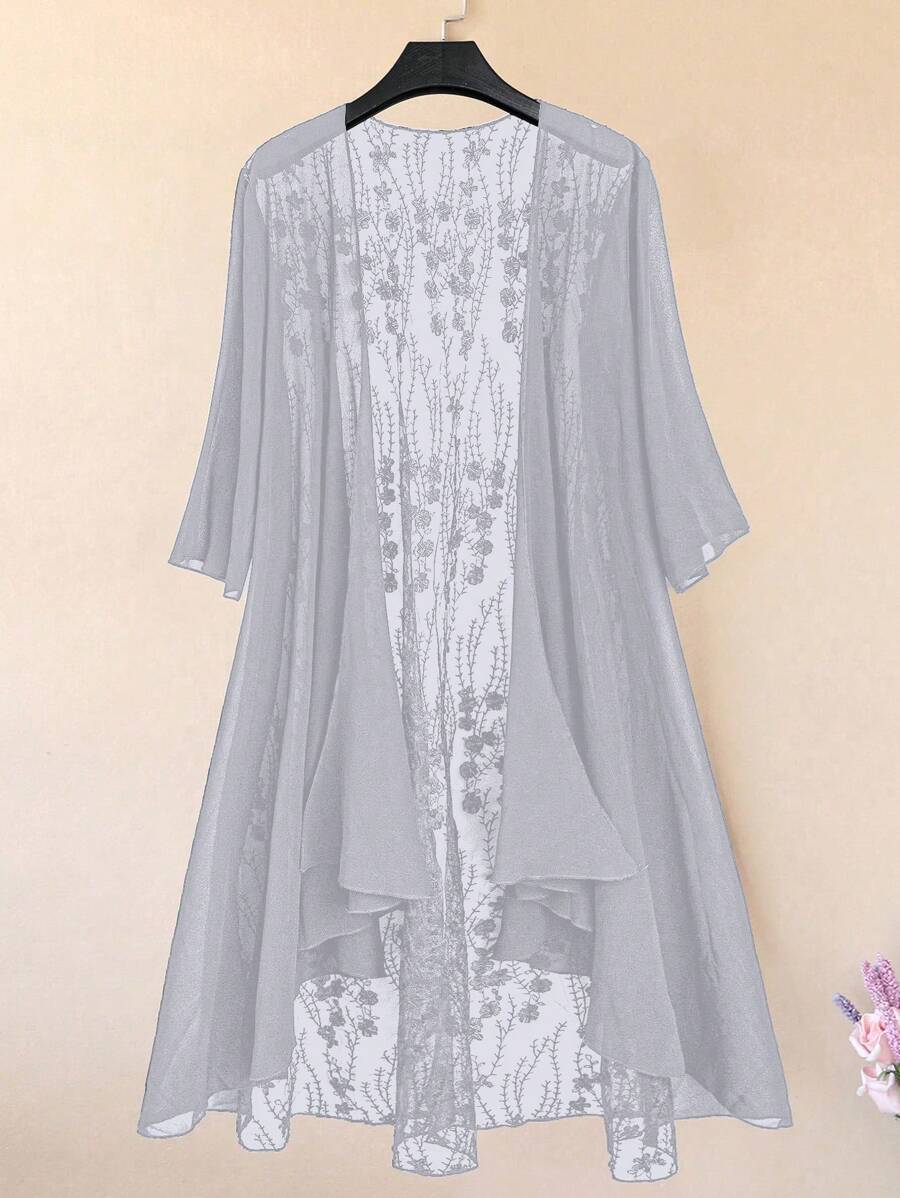 EMERY ROSE Plus Size Women Floral Mesh Long Sleeve Loose Open Front Long Top Fall - Grey - View 1