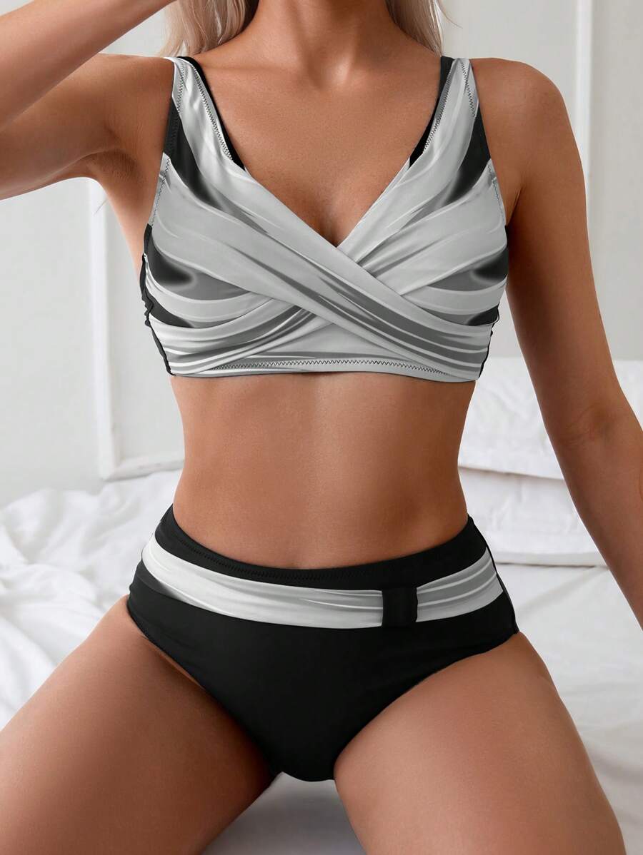 Swim Lushoire Bộ bikini 2 mảnh in họa tiết khối màu trừu tượng, buộc chéo phía trước, đồ bơi đi biển - Nhiều màu - Xem 1