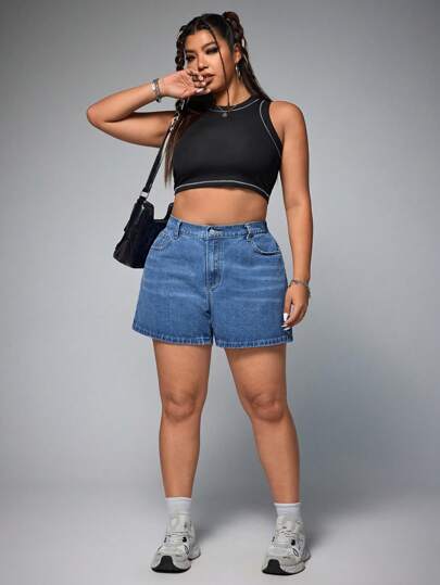 SHEIN ICON 大码女式宽松口袋阔腿休闲牛仔短裤