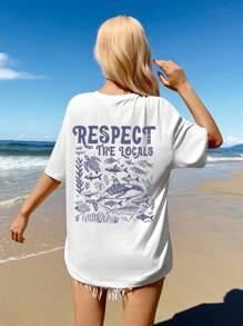 Tseoso 超大号休闲“尊重当地人”海洋度假印花鲸鱼、海龟和海洋生物图案 T 恤，柔软棉混纺（>=50% 棉），适合夏季