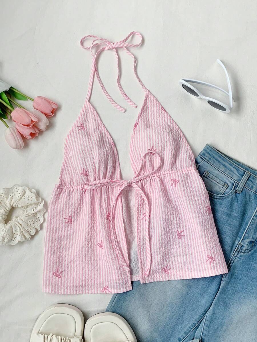 Comfortcana 女士条纹蝴蝶结装饰系带休闲露背上衣