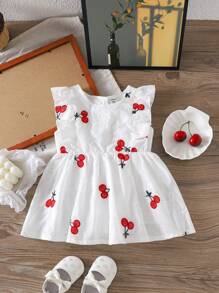 新生女婴宽松优雅樱桃刺绣针织连衣裙，春夏秋季节，优质樱桃刺绣面料，时尚舒适，适合休闲穿着 - 白色 - 查看 2