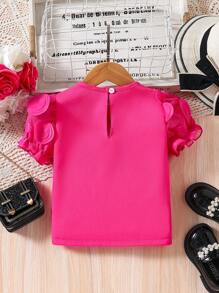 Young Girl Solid Color Bow Decor Patch Short Sleeve Stylish Shirt - Pink - View 2