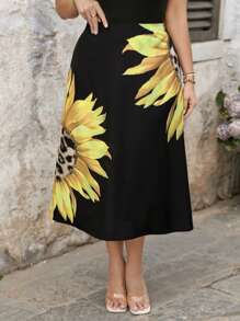 SHEIN LUNE Fustă minimalistă la modă, cu model floral, mărime plus, pentru femei, vacanță, concert, design nou, rave, festival, simplu și la modă, Paște, simplu și la modă